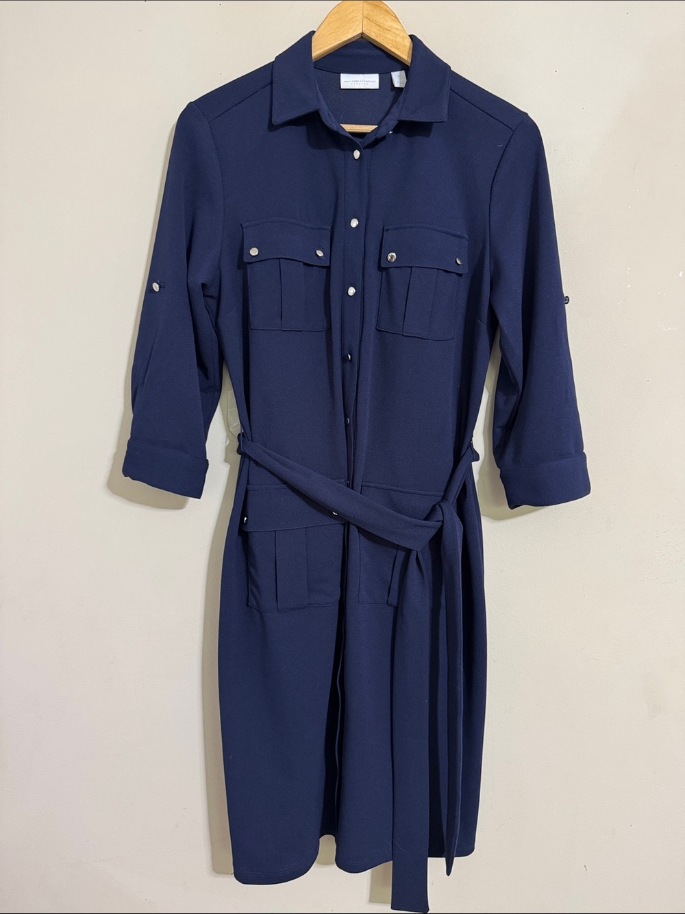 New York And Co. Utility Belted Shirt Dress Navy Silver Buttons M Career Preppy